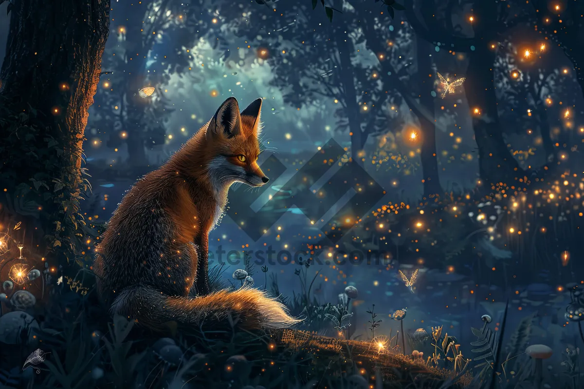 Picture of Night sky with red fox in wildlife habitat.