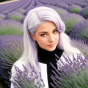 Beautiful Blonde Lady with Joyful Smile in Lavender Scarf