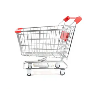 Metallic Shopping Cart in Empty Supermarket Aisle