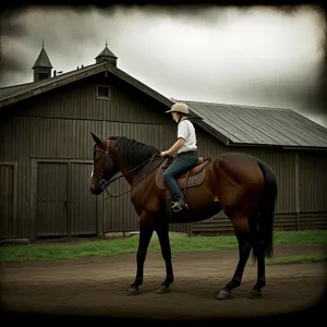 Thoroughbred Stallion Riding with Cowboy on Ranch