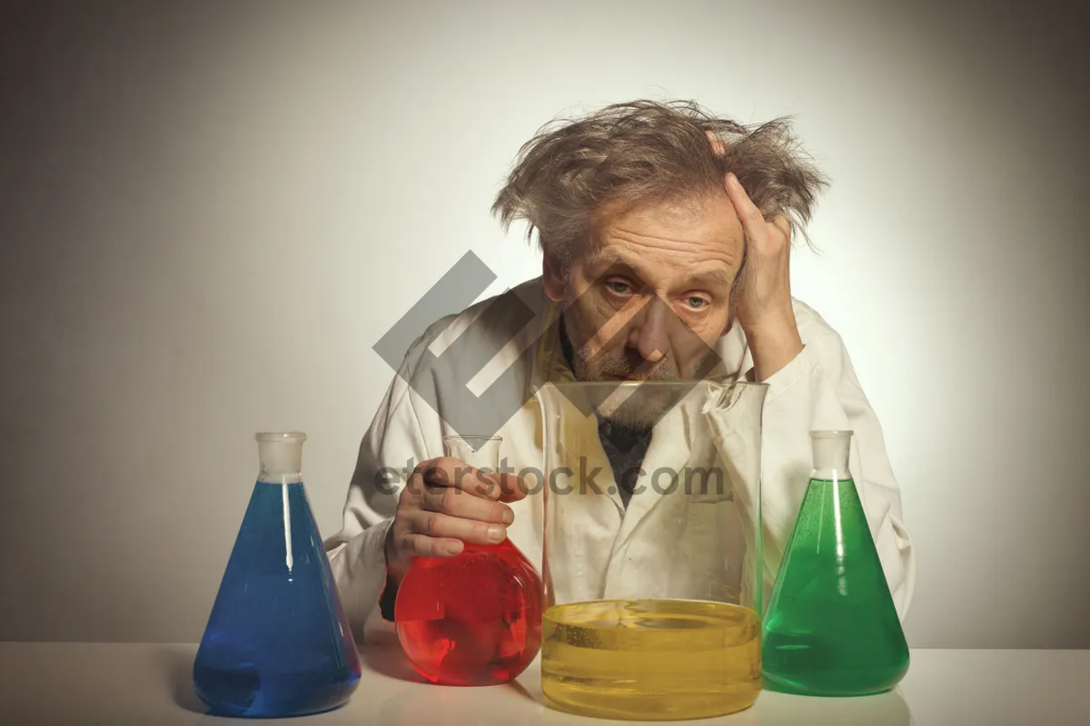 Picture of Happy man with beaker smiling in portrait.