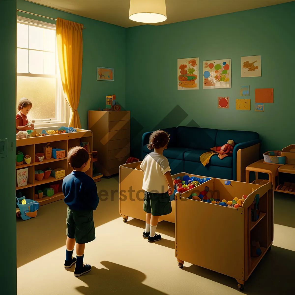 Picture of Modern Office Workspace with Wooden Desk and Chair