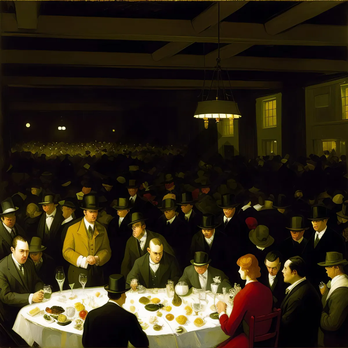 Picture of Restaurant Banquet Hall with Elegant Interior Table Setup and Engaged Guests