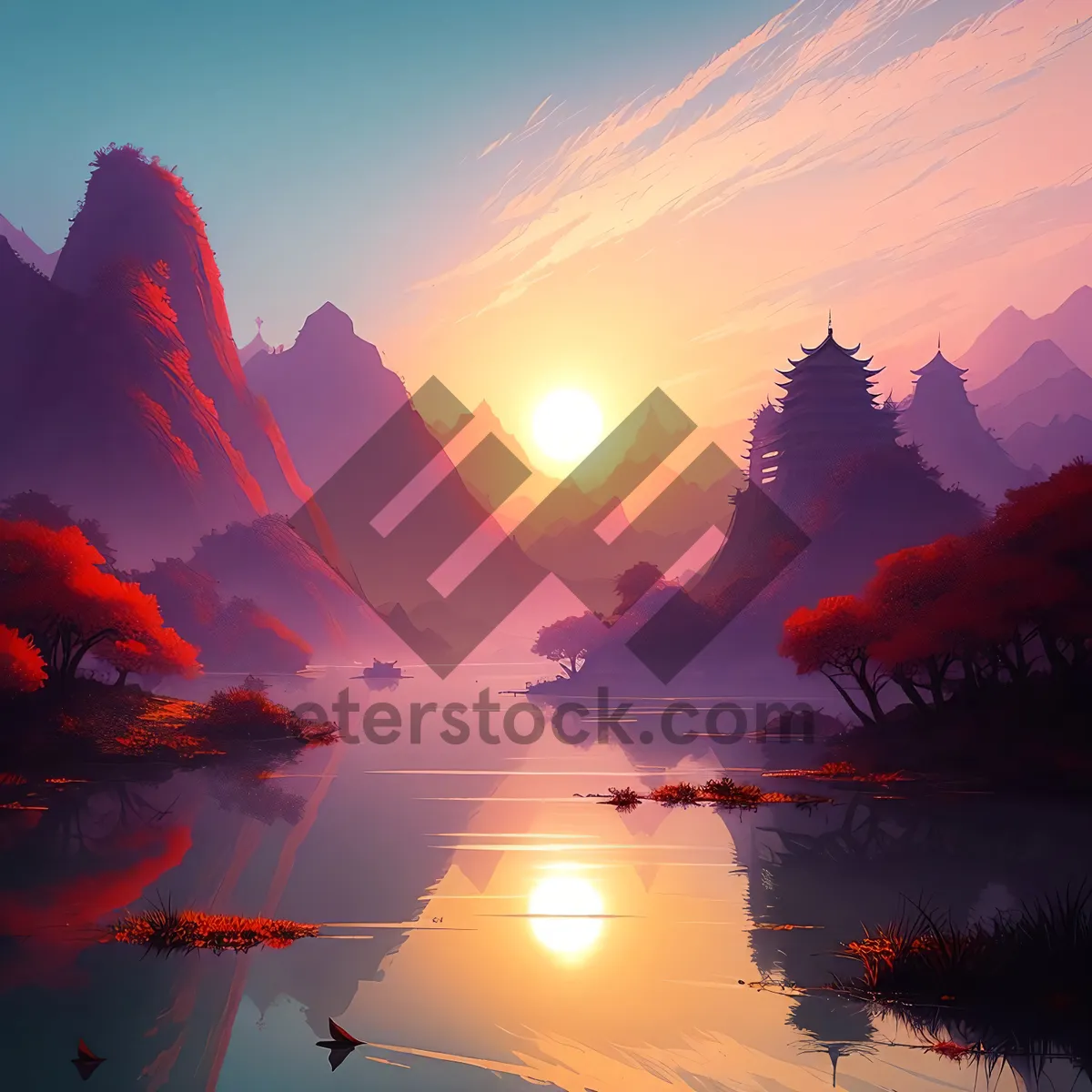 Picture of Vibrant Sunset Over Majestic Mountain Landscape