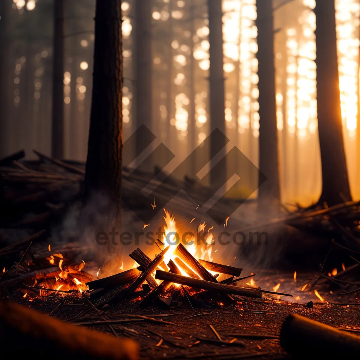 Picture of Blazing Warmth: Fiery Flames Illuminate Dark Fireplace