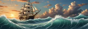 Pirate ship sailing under sunlit clouds on the sea