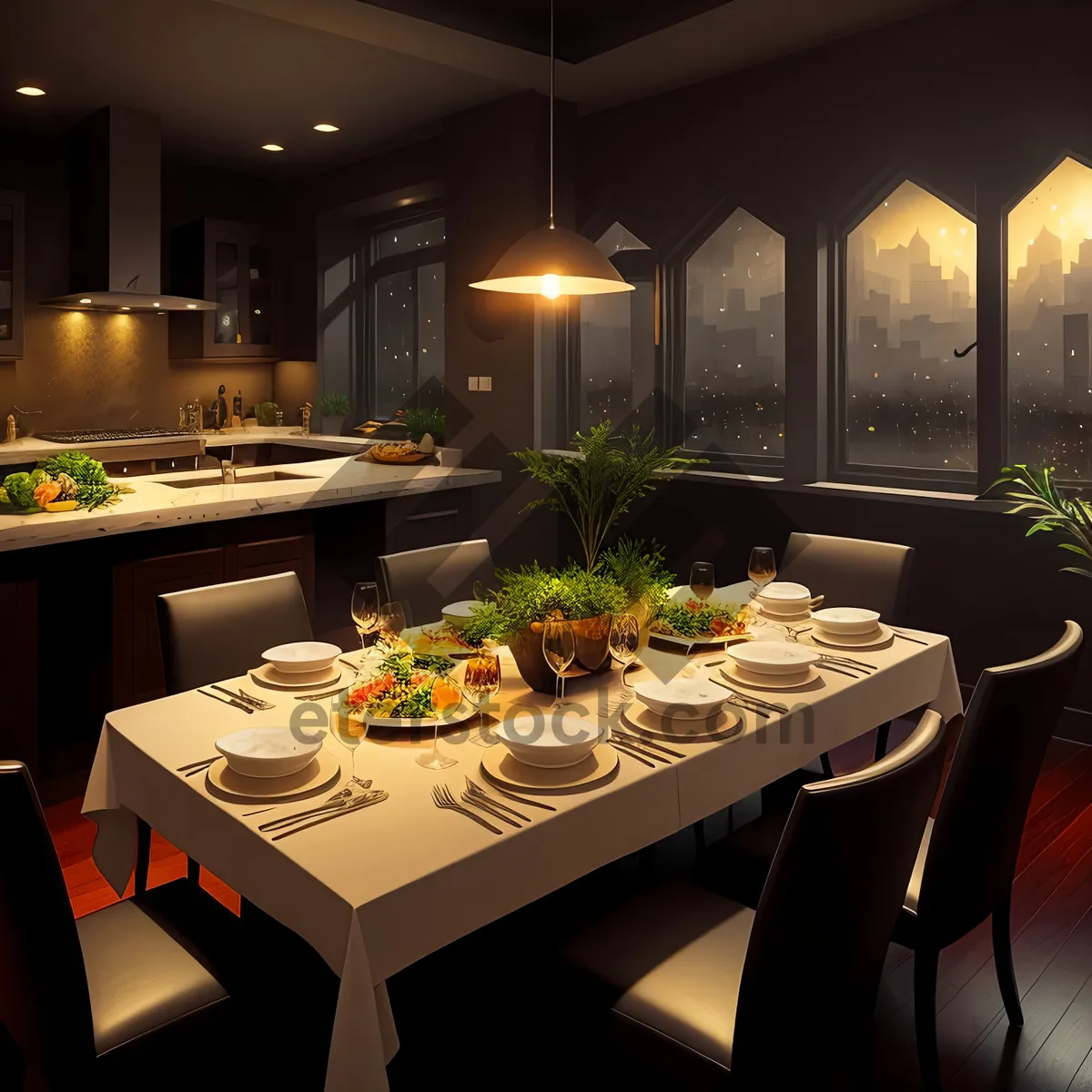 Picture of Modern Dining Table Set in Contemporary Restaurant