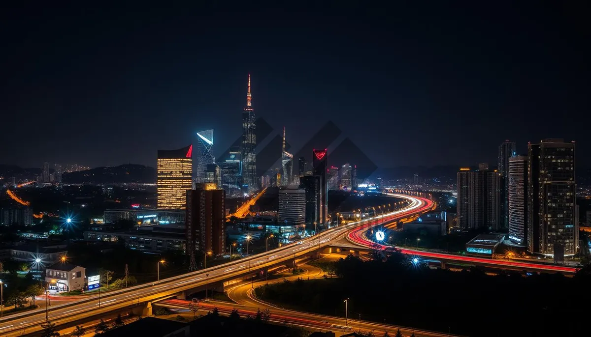 Picture of Modern business district skyline at night with river reflection.