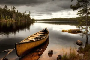 Serene beachfront view with kayak on calm sea