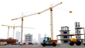 Urban construction site with towering crane in the sky.