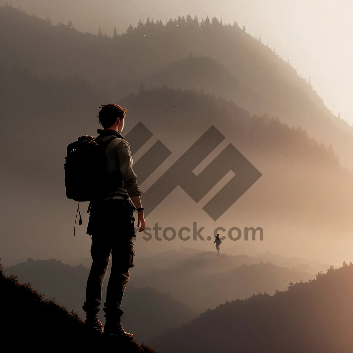 Picture of Male Hiker Conquering Mountain Summit at Sunset
