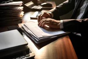 Professional businessman working on laptop in office.