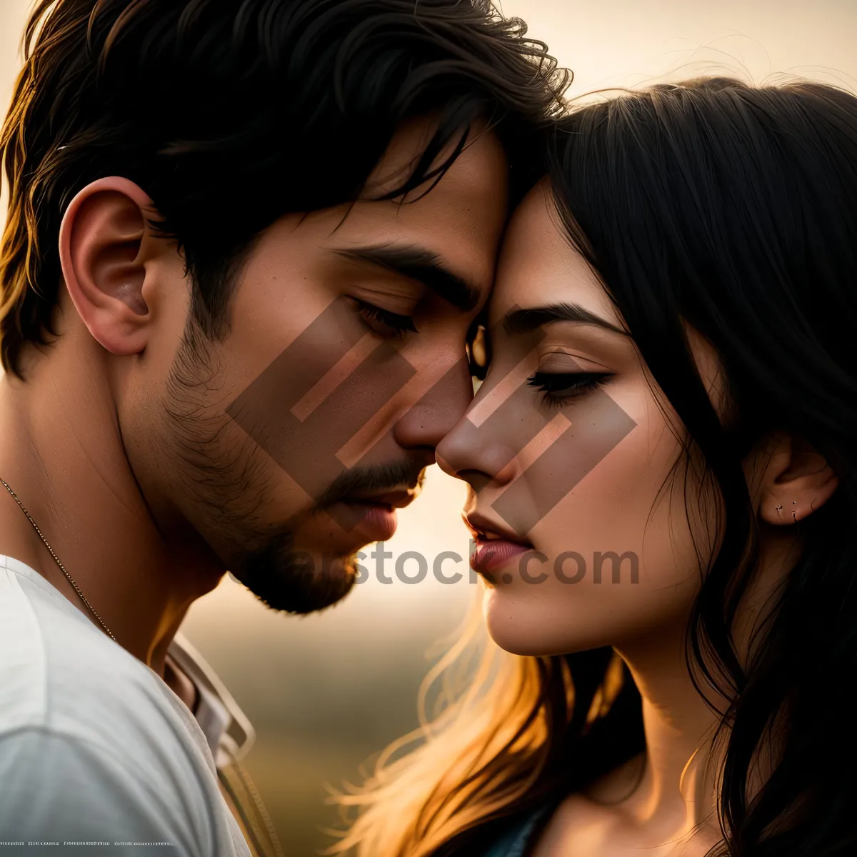 Picture of Attractive couple smiling happily, expressing love.