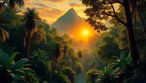 Tropical sunset over palm tree-lined beach paradise.