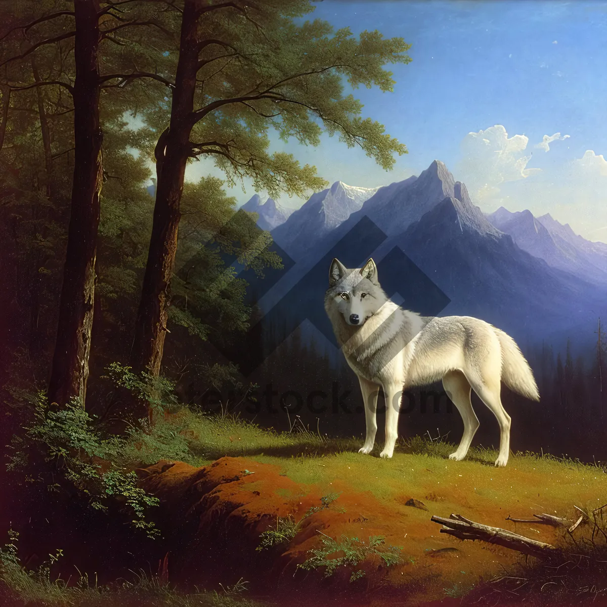 Picture of Majestic White Wolf Leading the Pack through Forest