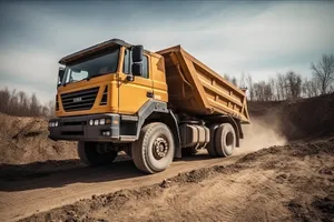 Industrial truck driving on highway under sky