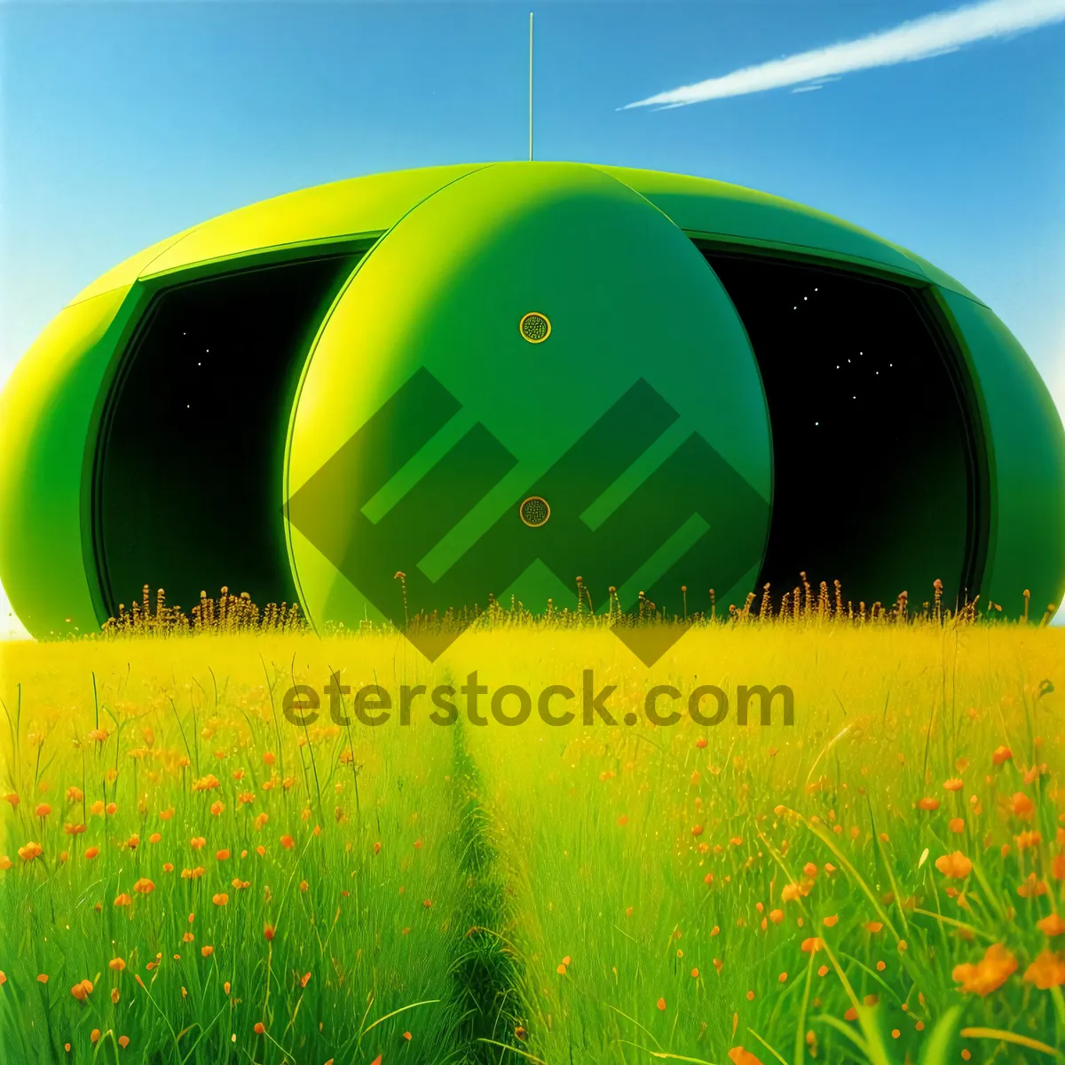 Picture of Serene countryside with lush meadow and cloudy sky