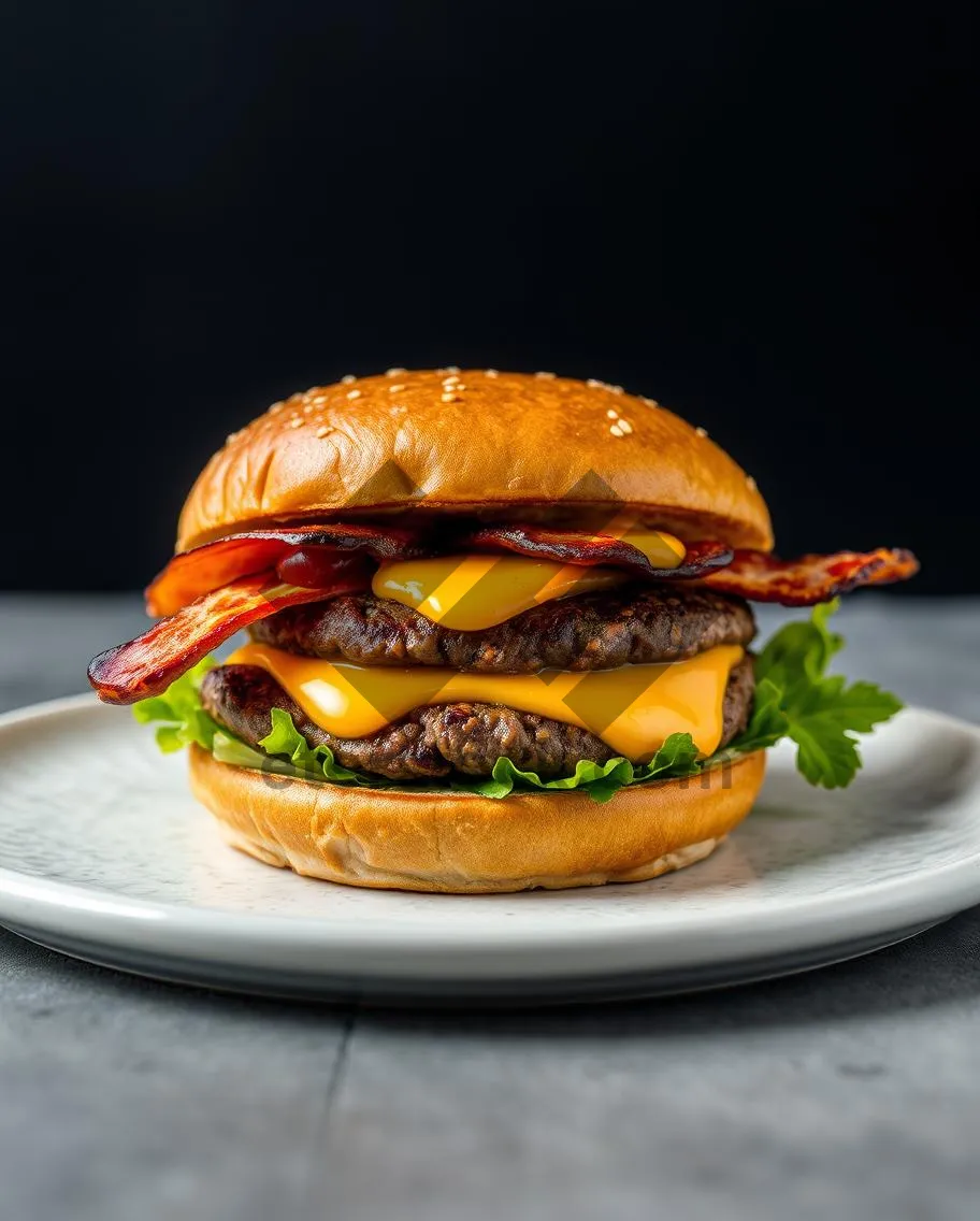 Picture of Gourmet cheeseburger with fresh vegetables and crispy bun