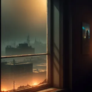 Majestic Skyline through Open Sliding Doors at Sunset