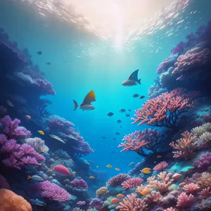 Colorful Coral Reef and Tropical Fish in Sunlit Seawater