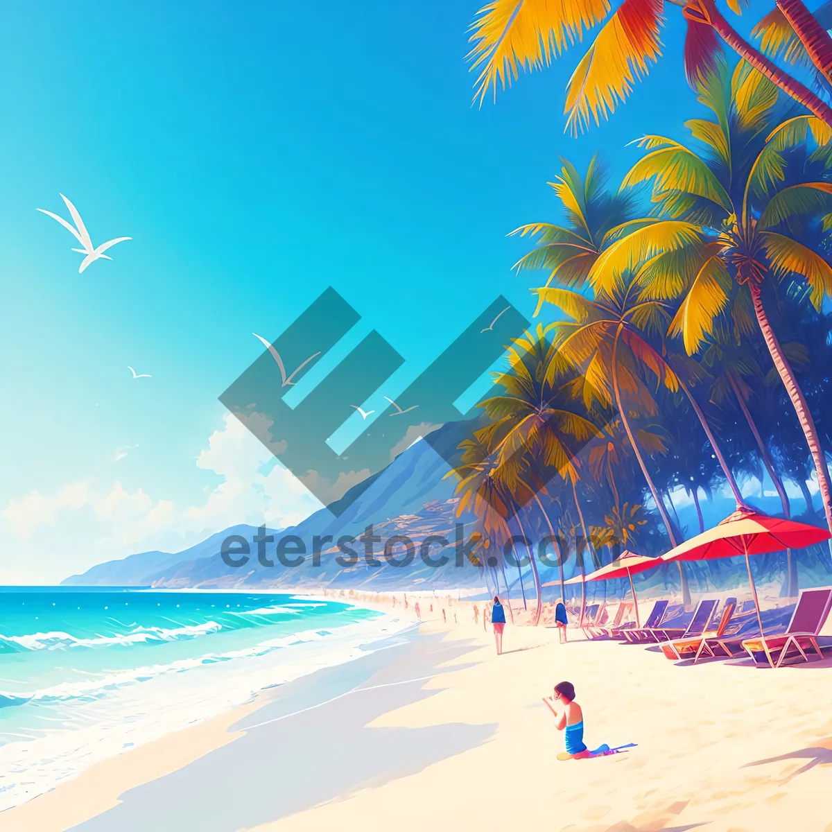 Picture of Tropical Sunset Paradise: A Vibrant Beachscape with Palm Trees and Crystal Blue Waters