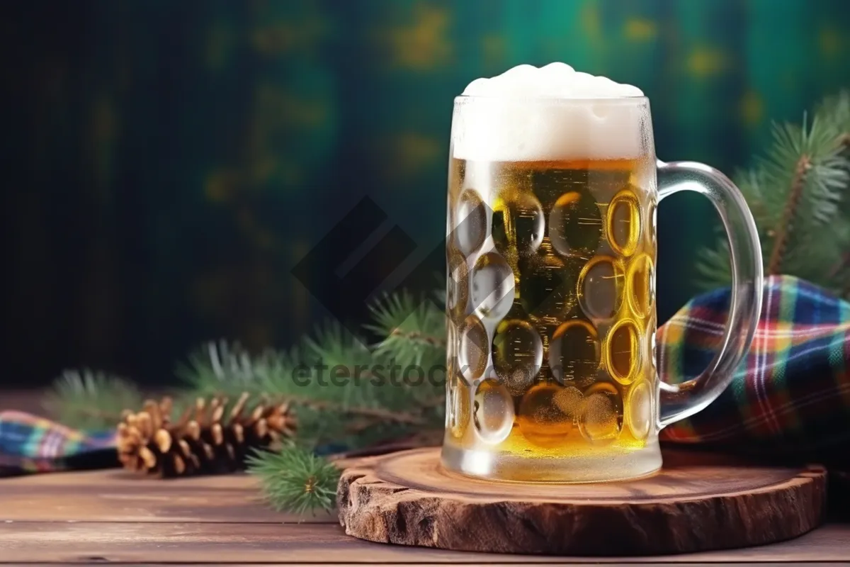 Picture of Golden beer glass with frothy white bubbles