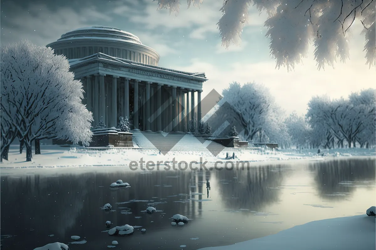 Picture of Snowy building overlooking lakeside fountain and river