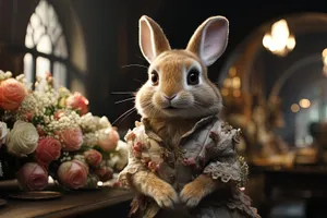 Cute Brown Rabbit Sitting in Studio Grass