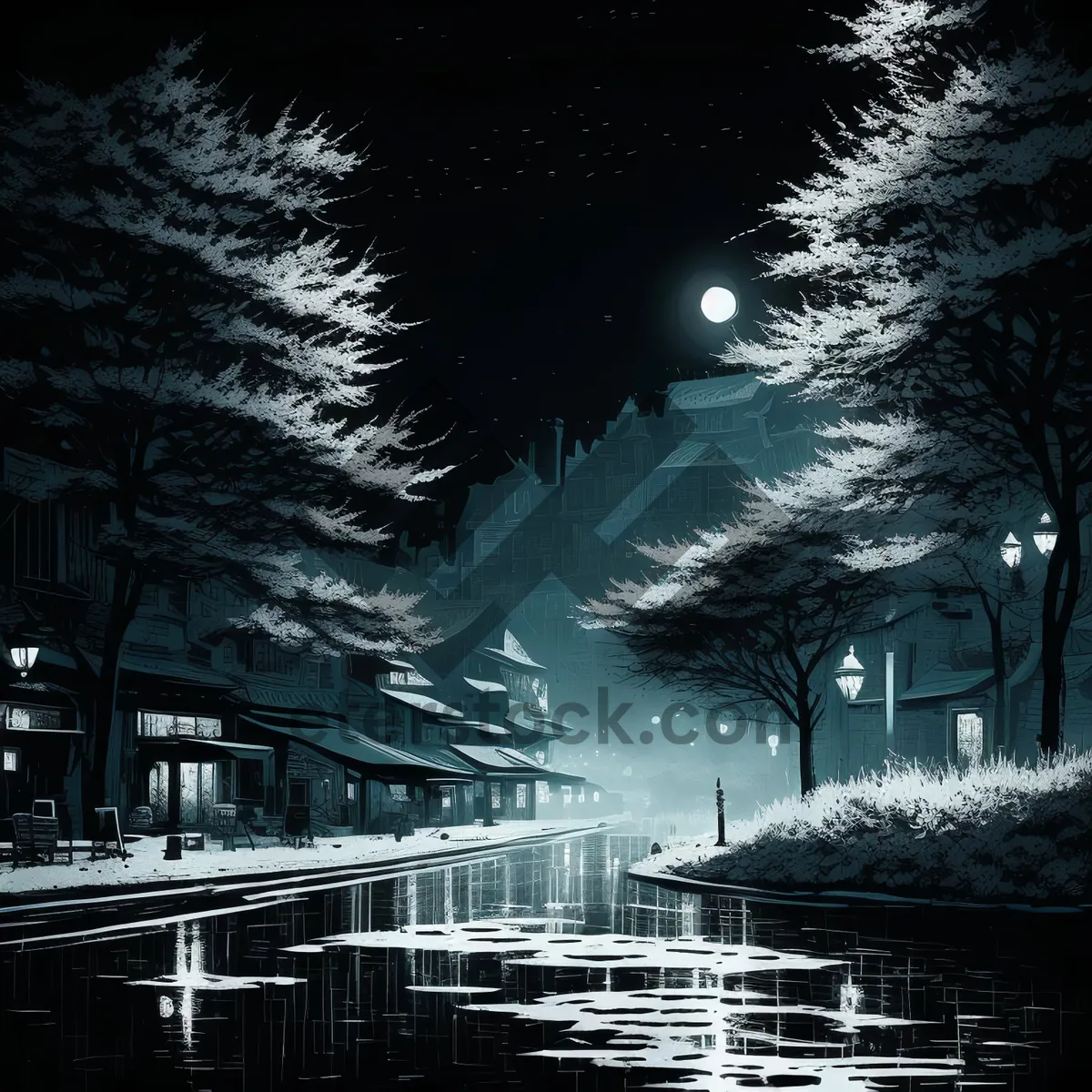 Picture of Nighttime Tropical Island Resort Beach Scene.