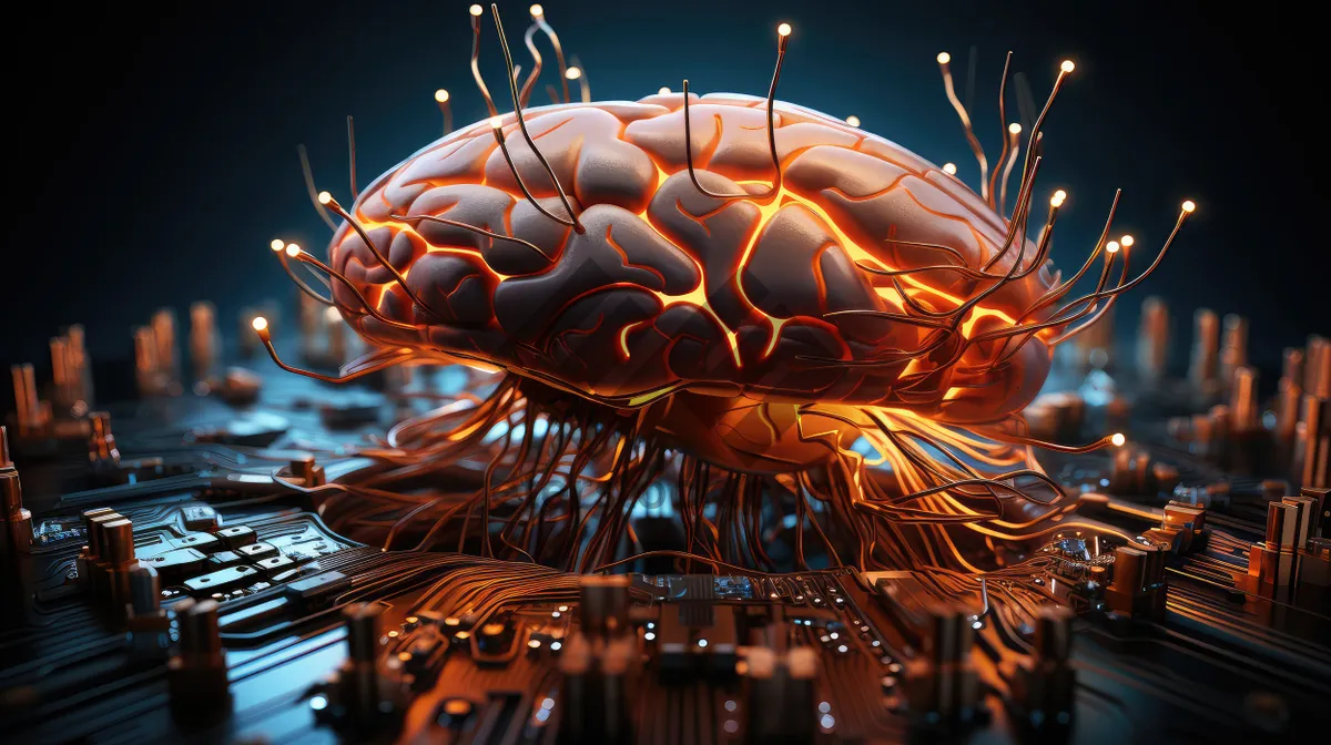 Picture of Sci-fi concept. The central computer processor in the form of an artificial brain microchip as the main element of the artificial intelligence system is installed on the motherboard of the supercomputer