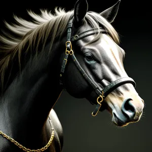 Brown horse portrait with riding equipment and bridle