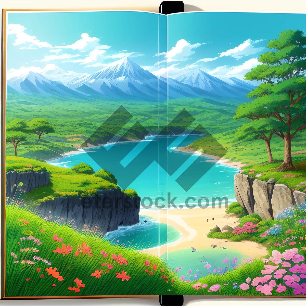 Picture of Serene lakeside landscape with electronic device