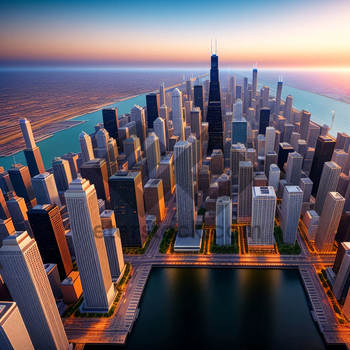 Picture of Modern city skyline reflecting on waterfront at sunset.