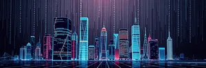 Modern city skyline at night with tall skyscrapers