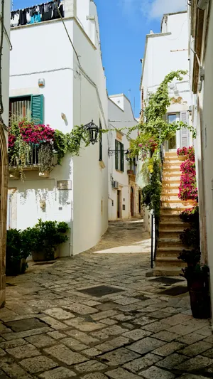 Old stone house in city with flowered patio