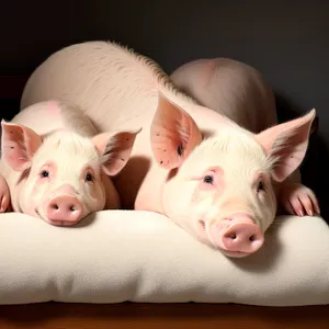 Happy kid cuddling adorable pink piglet