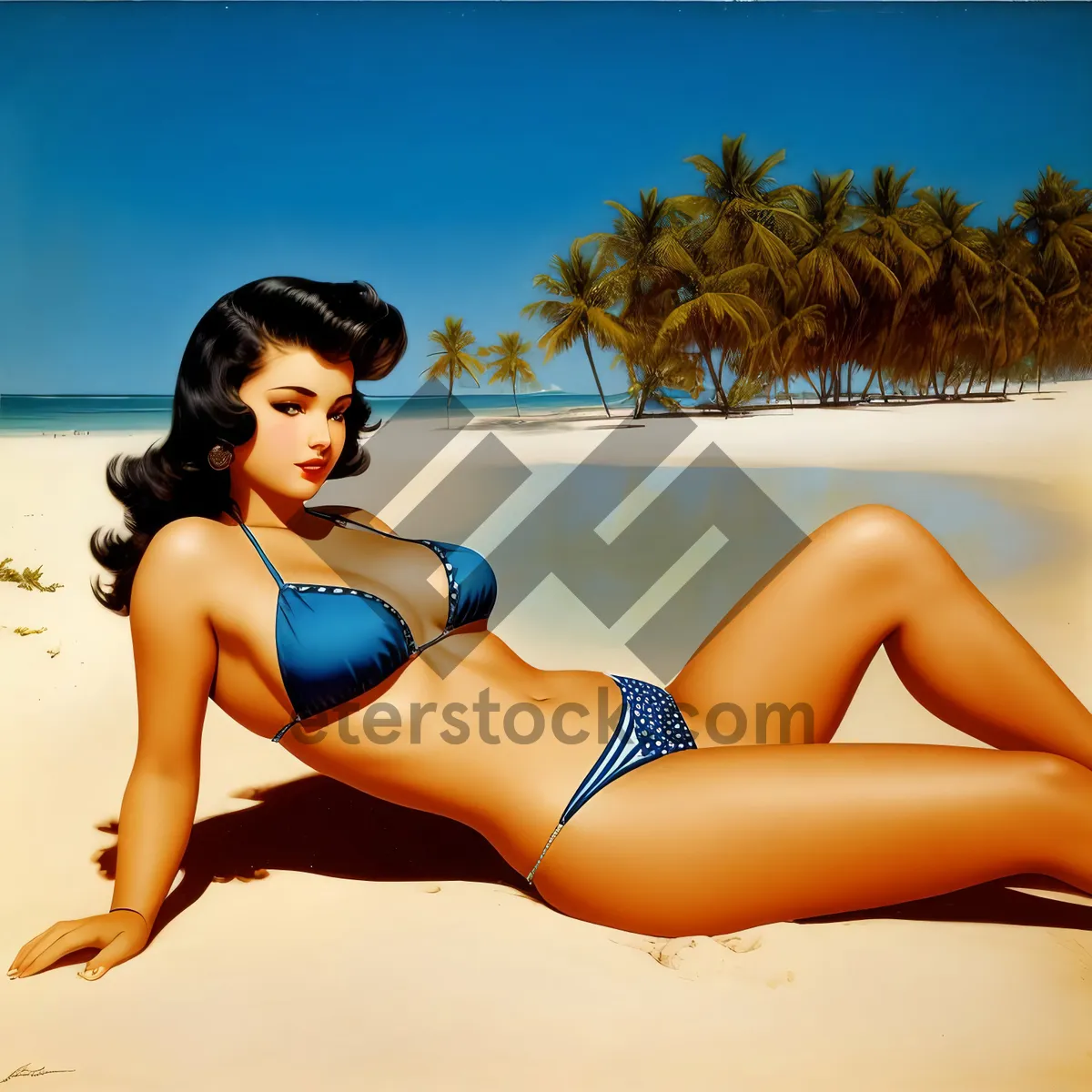 Picture of Sensuous Brunette Relaxing on Tropical Beach in Swimwear