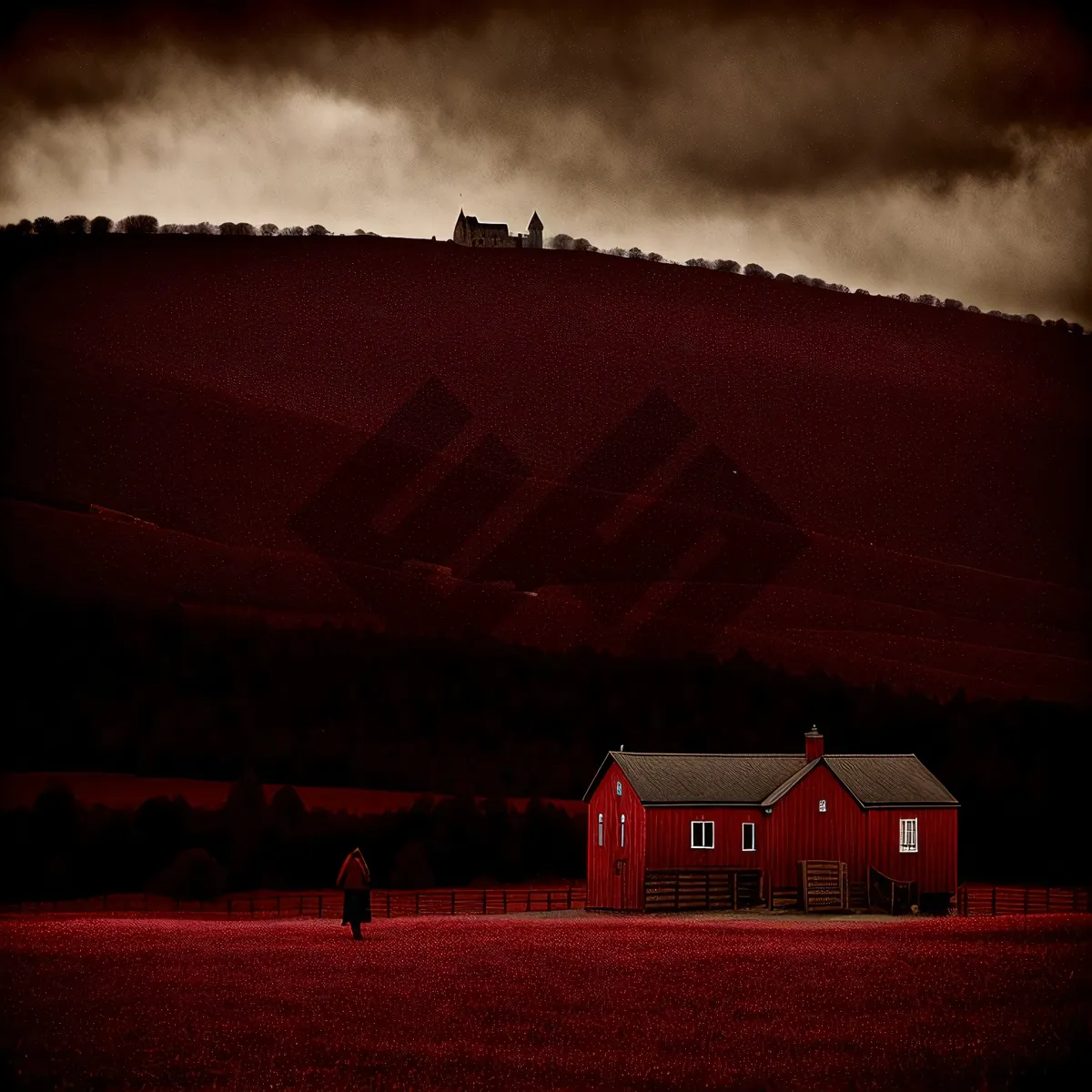 Picture of Sunset over Barn and Farm Field