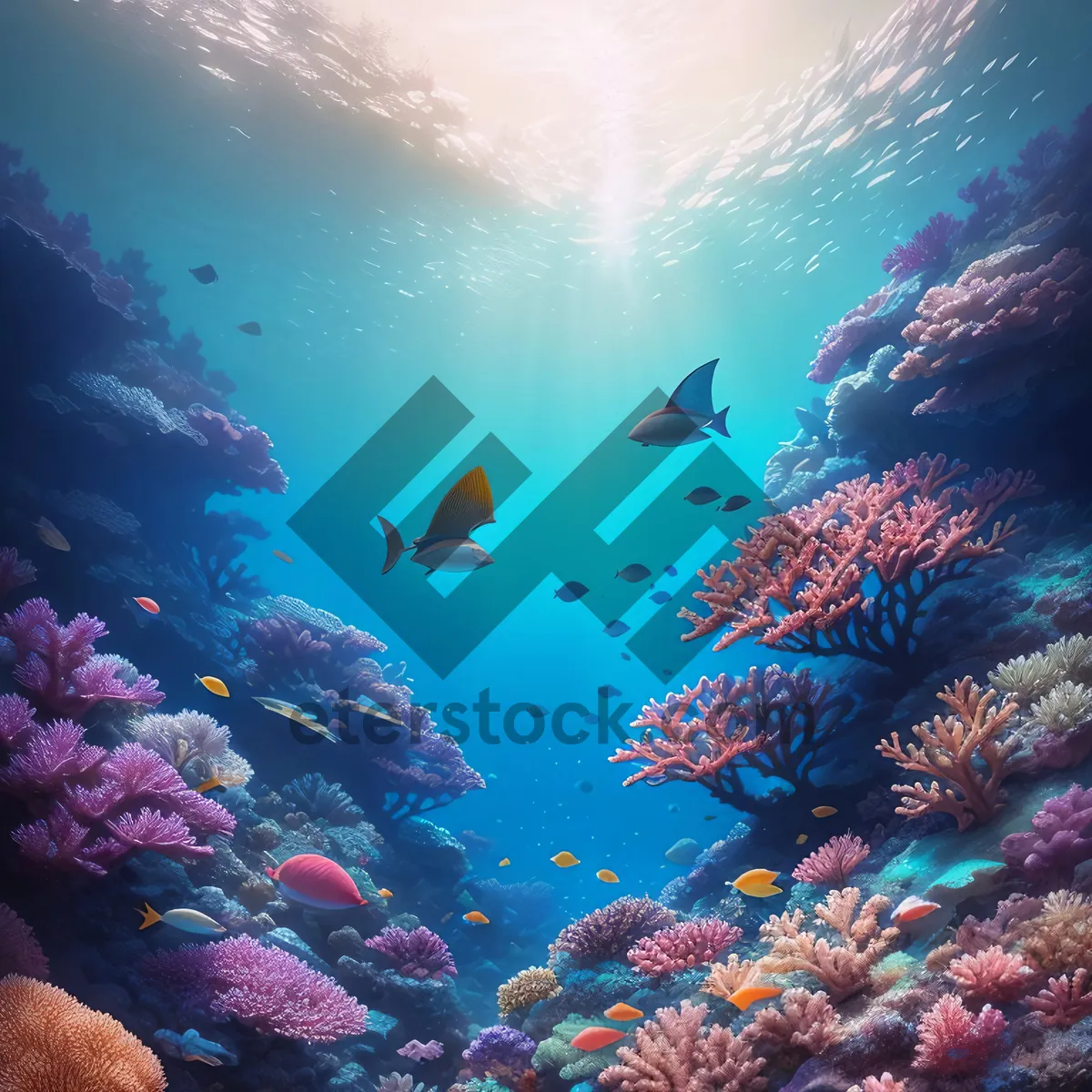 Picture of Colorful Coral Reef and Tropical Fish in Sunlit Seawater