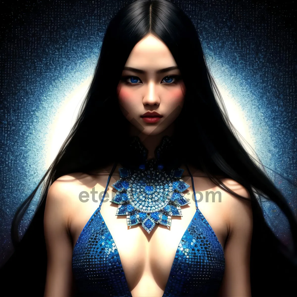 Picture of Black-haired woman with elegant style and attractive features.