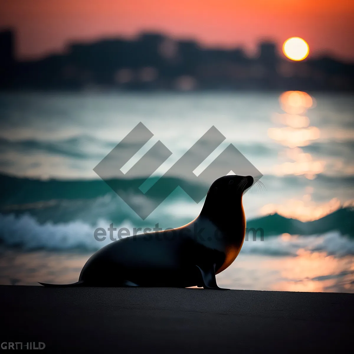 Picture of Sunset Silhouette: Majestic Auk Soaring Over the Ocean