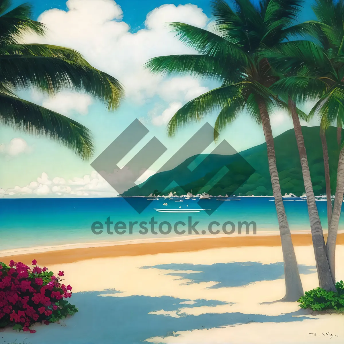 Picture of Tropical Beach Paradise with Blue Waters and Palm Trees.