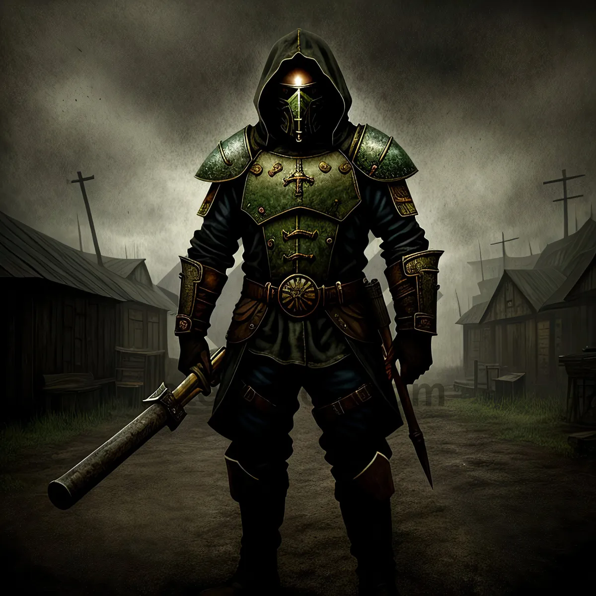 Picture of Combat-ready soldier in full military armor with halberd