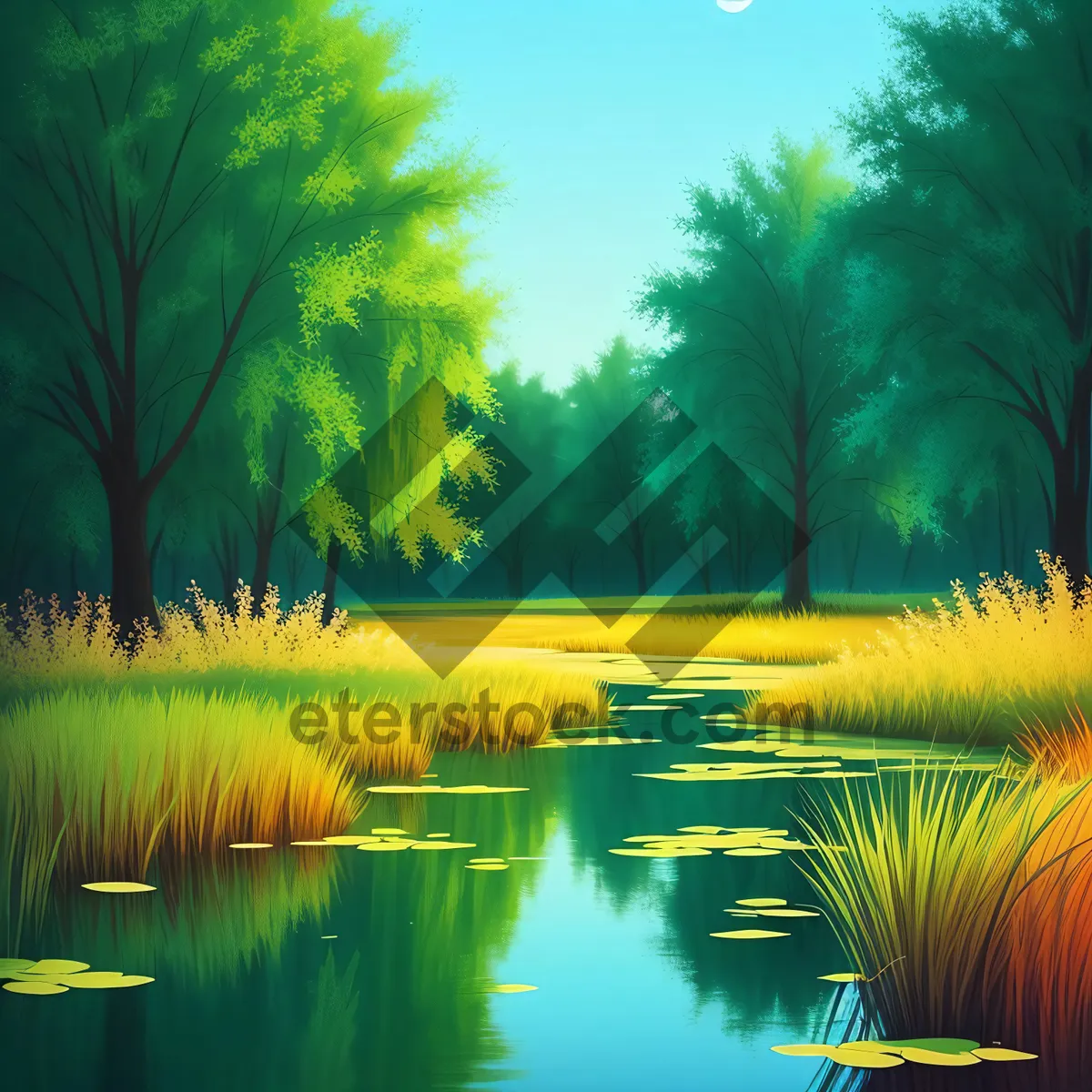 Picture of Serene Sunset Over River and Meadow
