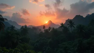 Majestic mountain silhouette at sunset against starry sky
