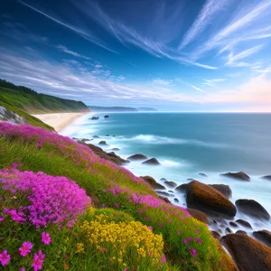 Serene Coastal Sunset Over Ocean and Beach