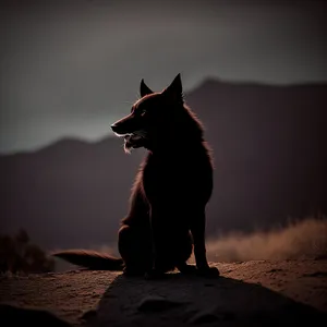 Silhouette of Shepherd Dog on Beach at Sunset