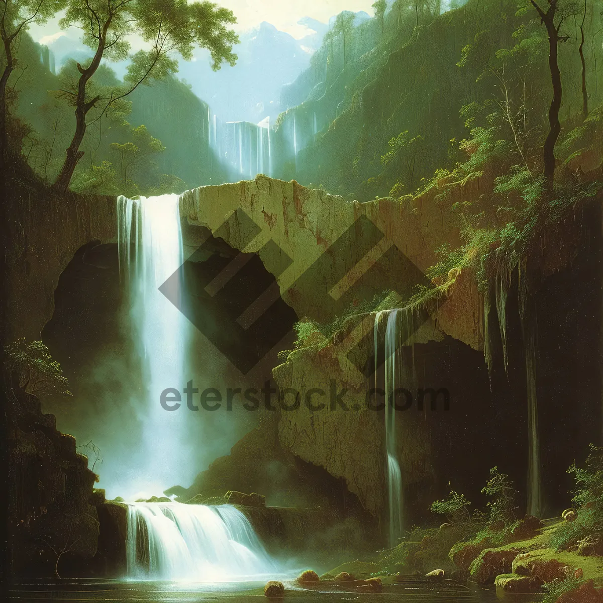 Picture of Majestic Waterfall Flowing Through Enchanting Forest