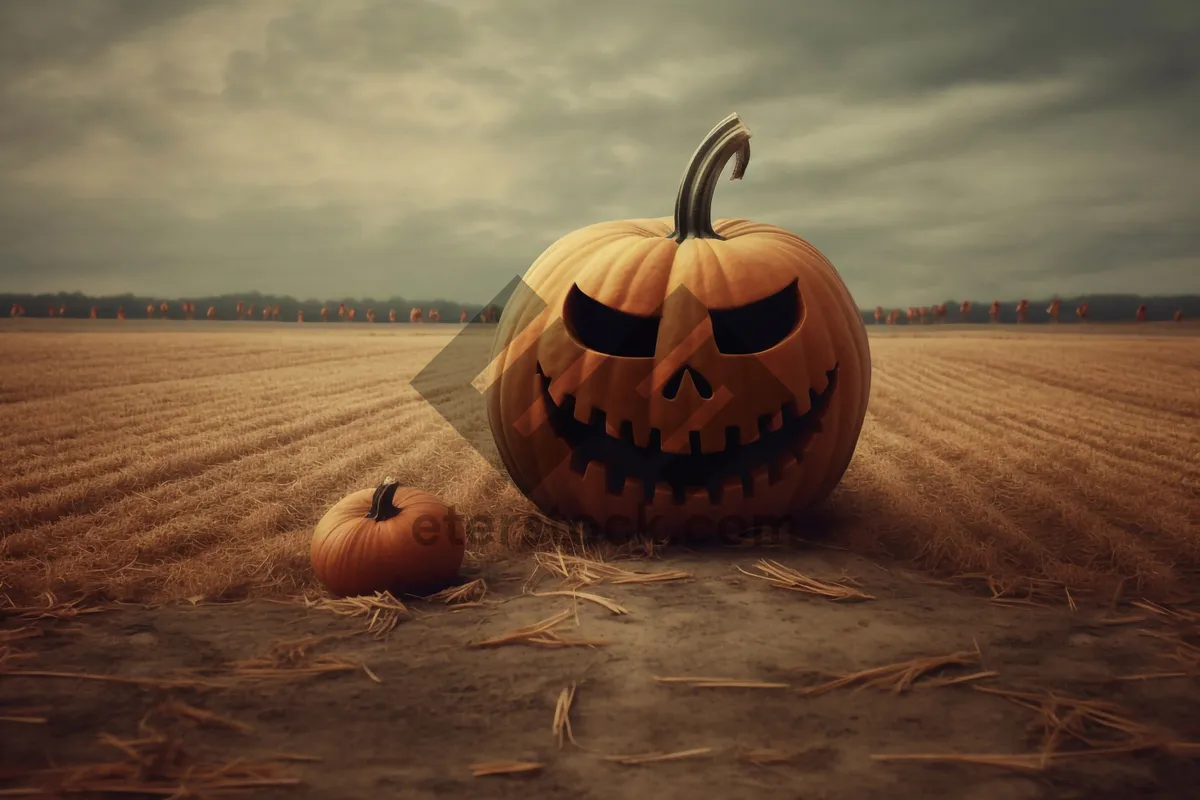 Picture of Carved pumpkin face decoration for Halloween.