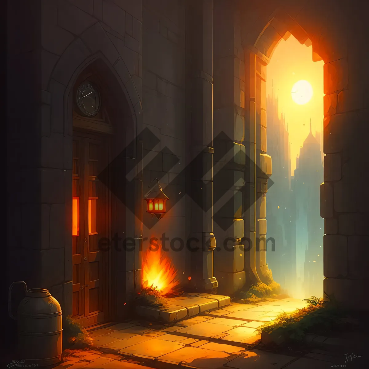 Picture of Enchanting Nighttime Glow of Old Cathedral's Fireplace